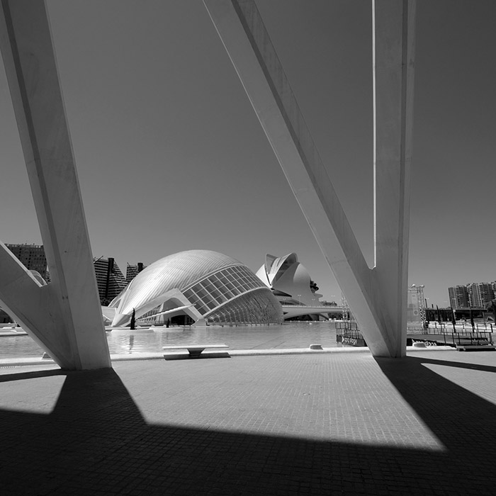 From the Science Museum looking out towards the Hemispheric and the Arts Palace, City of Arts and Sciences, Valencia - Santiago Calatrava