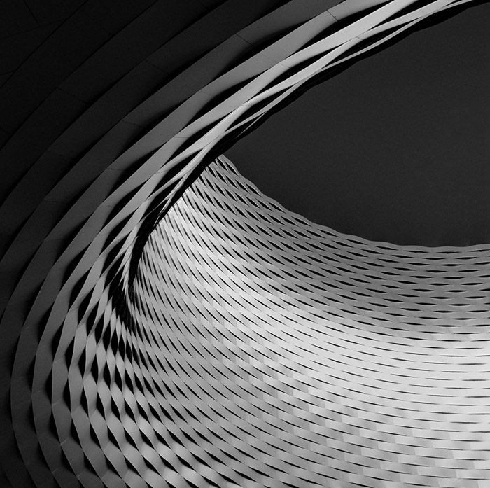 A detail of the textured material that encloses the open to sky at the Messeplatz, by Herzog and de Meuron