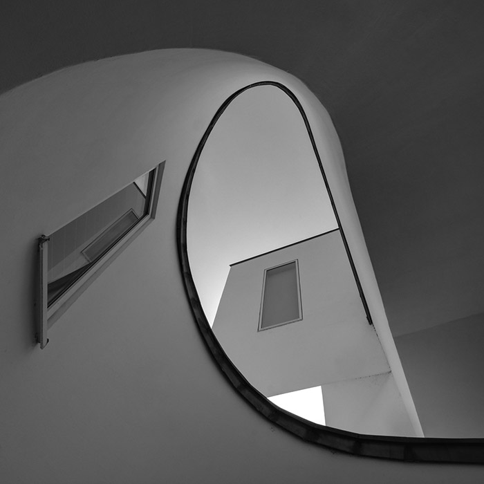 Looking up at the staircase for the Vitra Design Museum by Frank Gehry