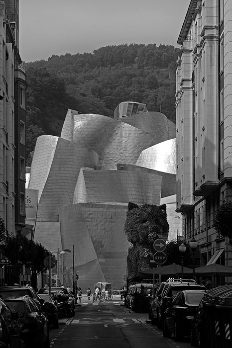 The Guggenheim Bilbao seen across from the street.