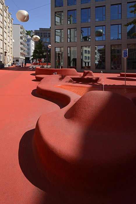 Fluid and organic seating at the Red Square at St. Gallen, Switzerland